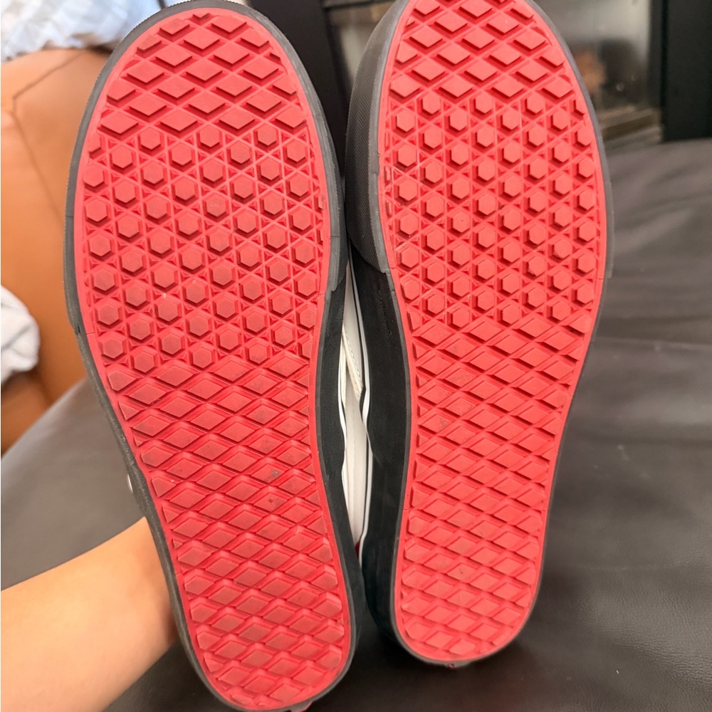 Vans White Leather Slip-On Sneakers with Black Sole and Red Heel - Picture 6 of 9